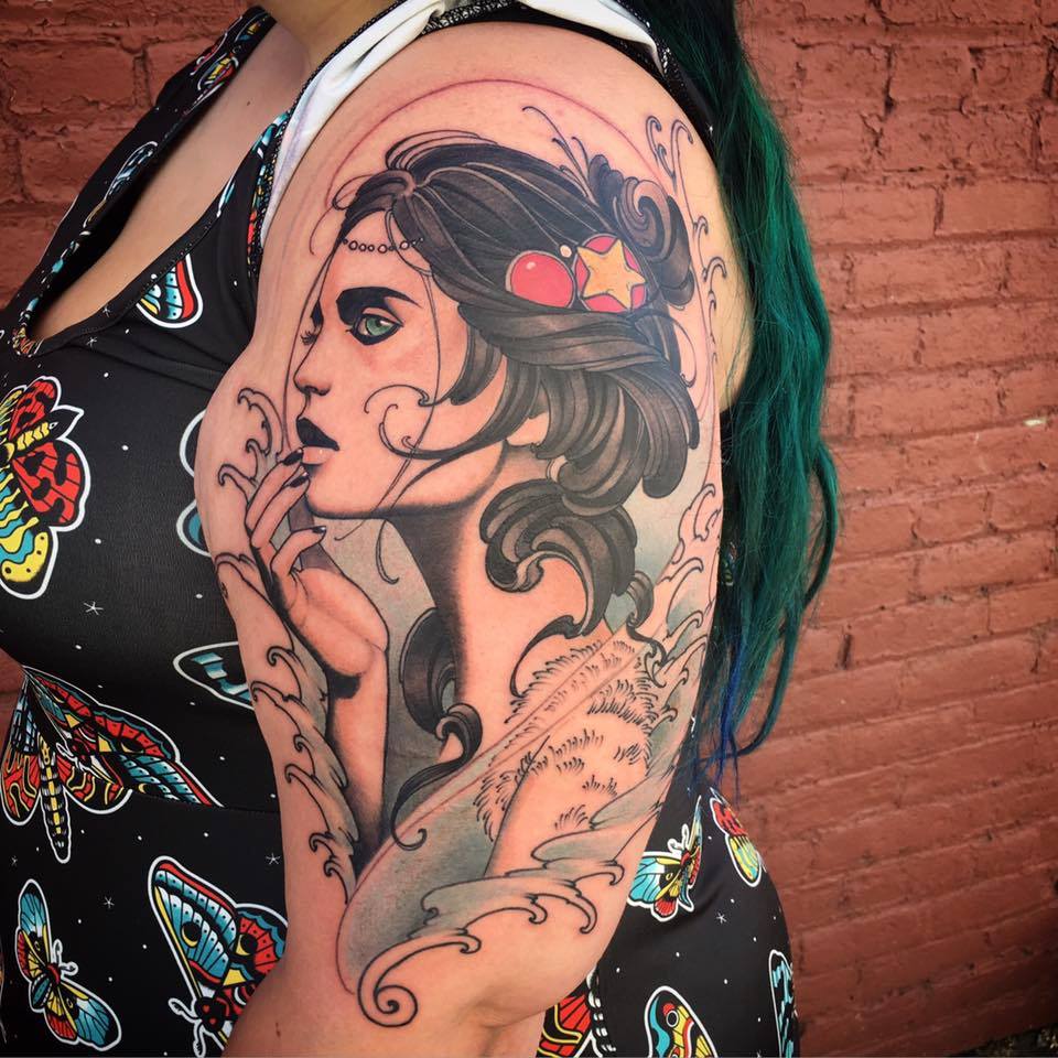 Girl Face Tattoo On Women Left Half Sleeve