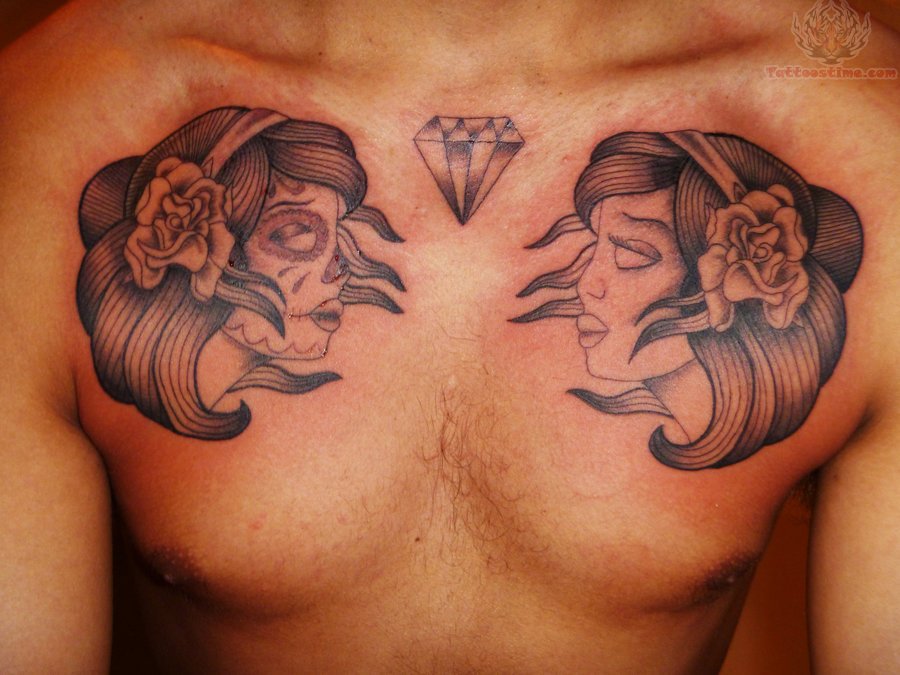 Girl Faces And Diamond Tattoo On Man Chest