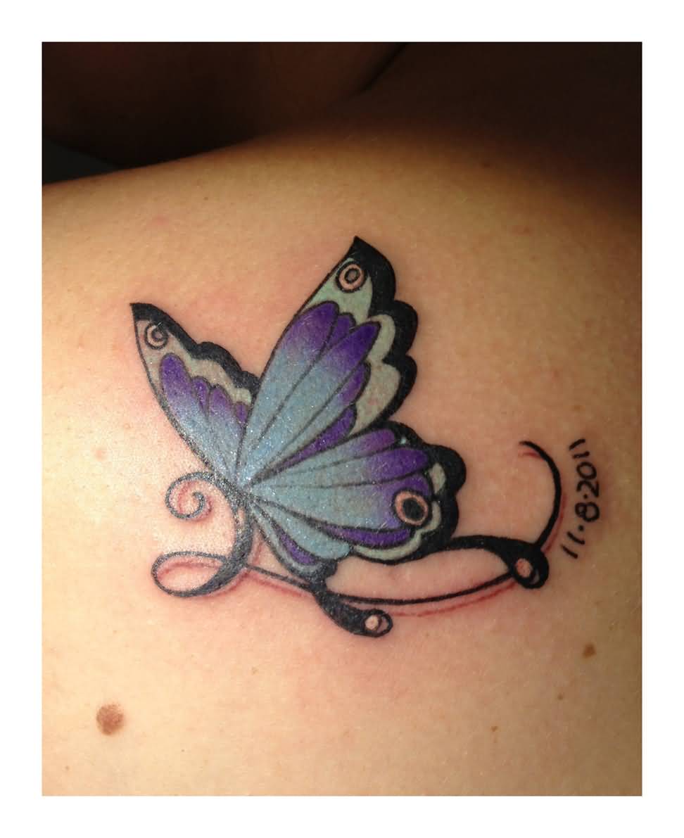 Girl Left Back Shoulder Butterfly Tattoo