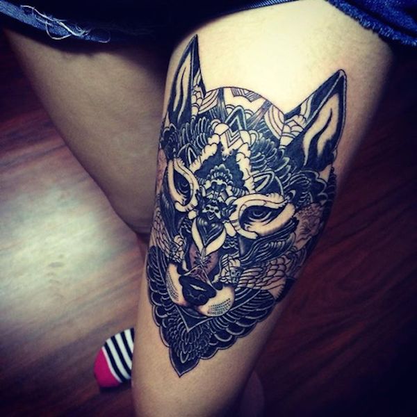 Girl Left Thigh Mandala Wolf Tattoo