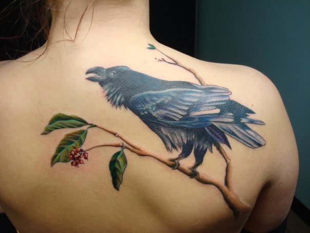 Girl Right Back Shoulder Crow Tattoo Idea