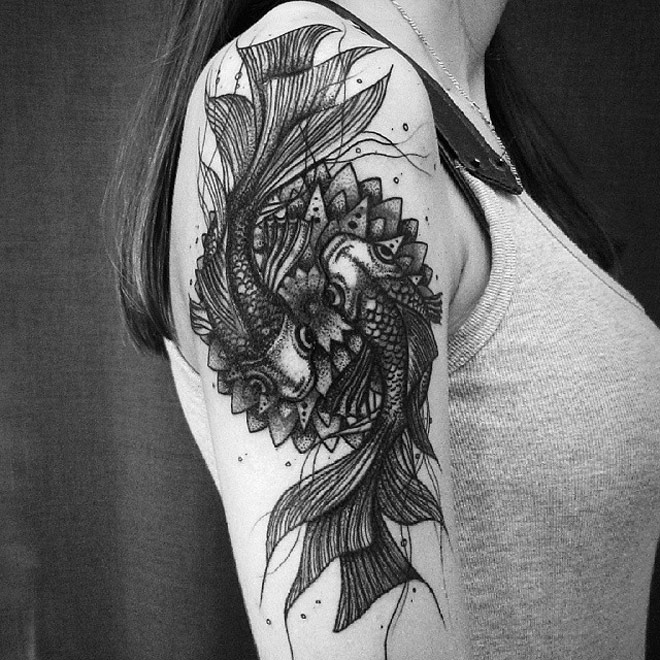 Girl Right Half Sleeve Pisces And Mandala Tattoo