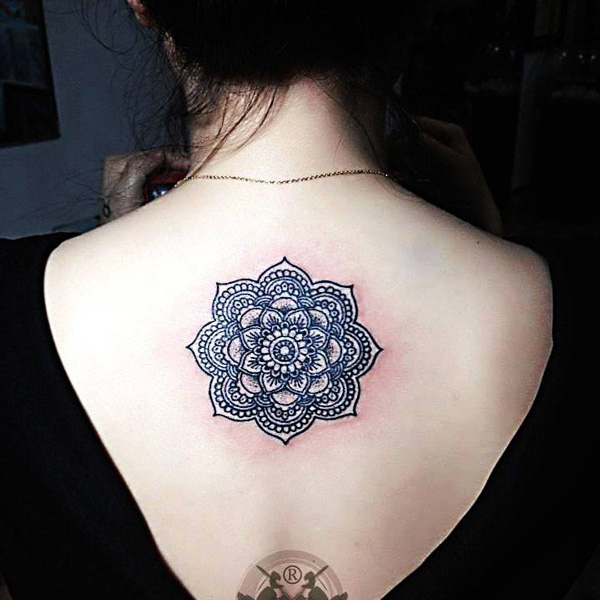 Girl Upper Back Mandala Flower Tattoo Idea