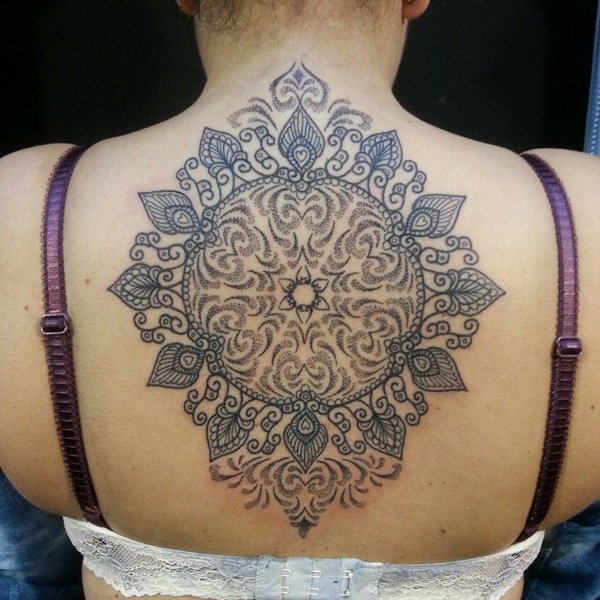 Girl Upper Back Mandala Tattoo Idea