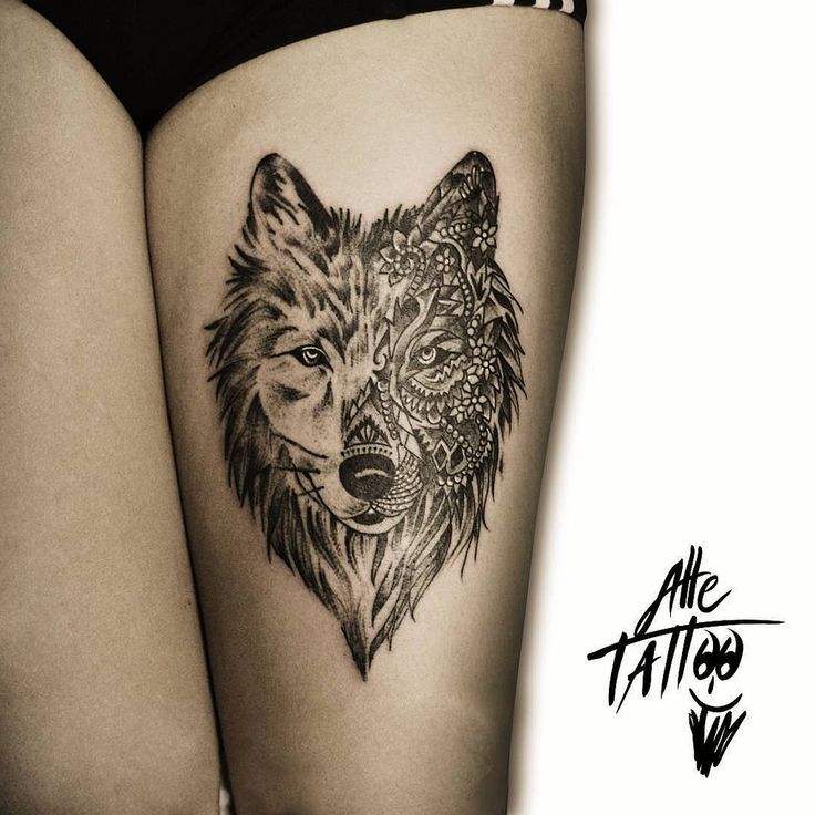 Girl With Left Thigh Mandala Wolf Tattoo