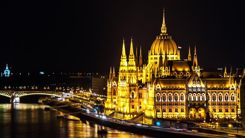 Golden Lights On Hungarian Parliament Building By Night