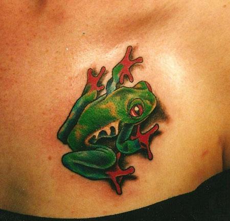 Green Frog Tattoo On Girl Front Shoulder