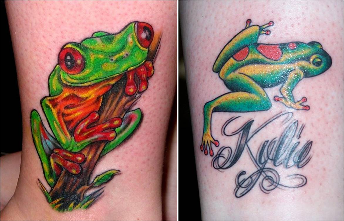 Green Frog Tattoo On Side Leg