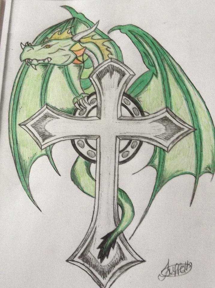 Green Ink Dragon With Cross Tattoo Design