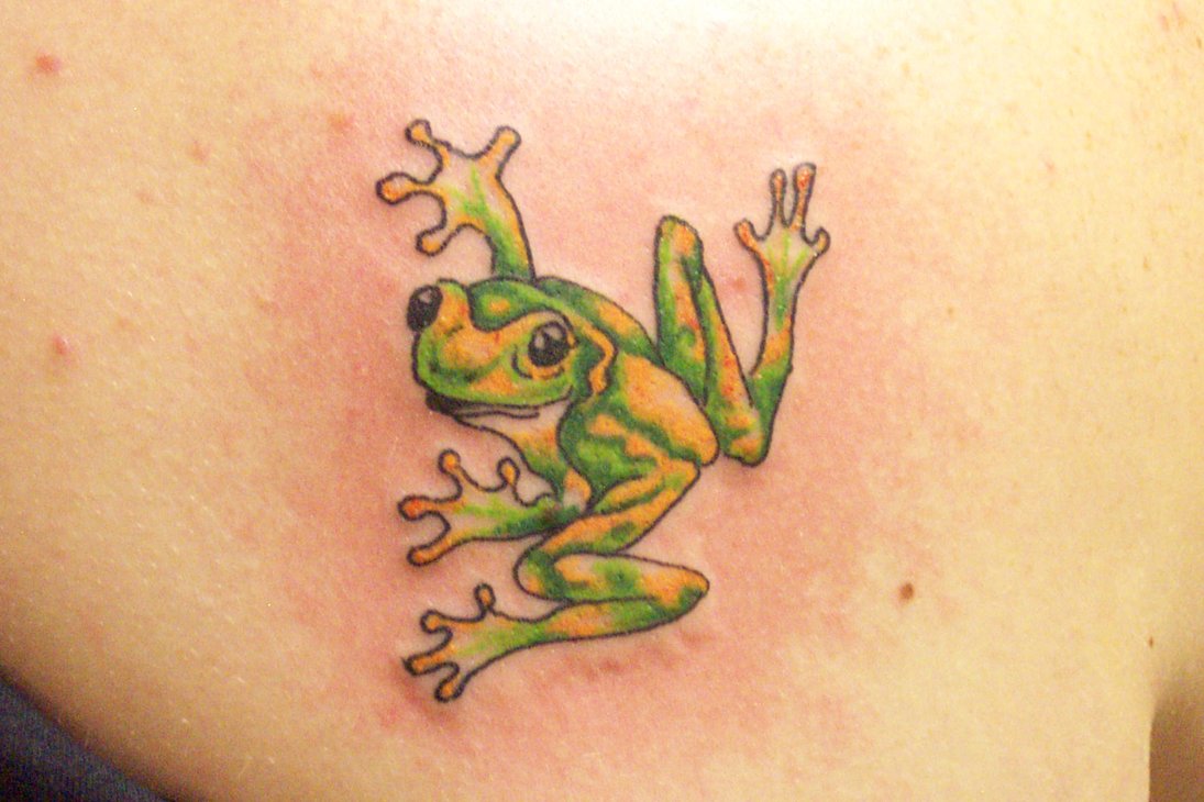 Green Ink Frog Tattoo On Lower Back