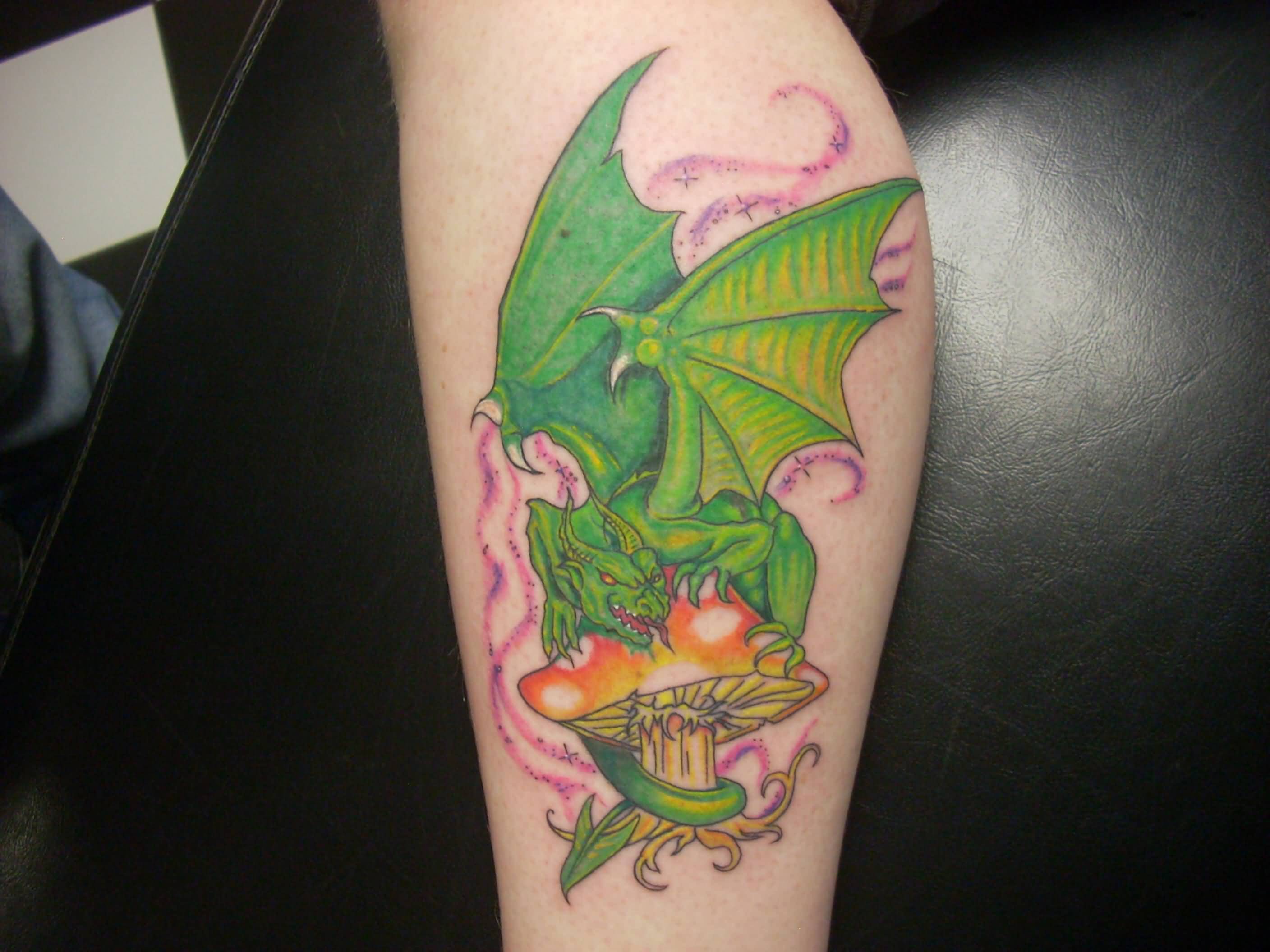 Green Ink Leviathan On Mushroom Tattoo Design For Leg Calf