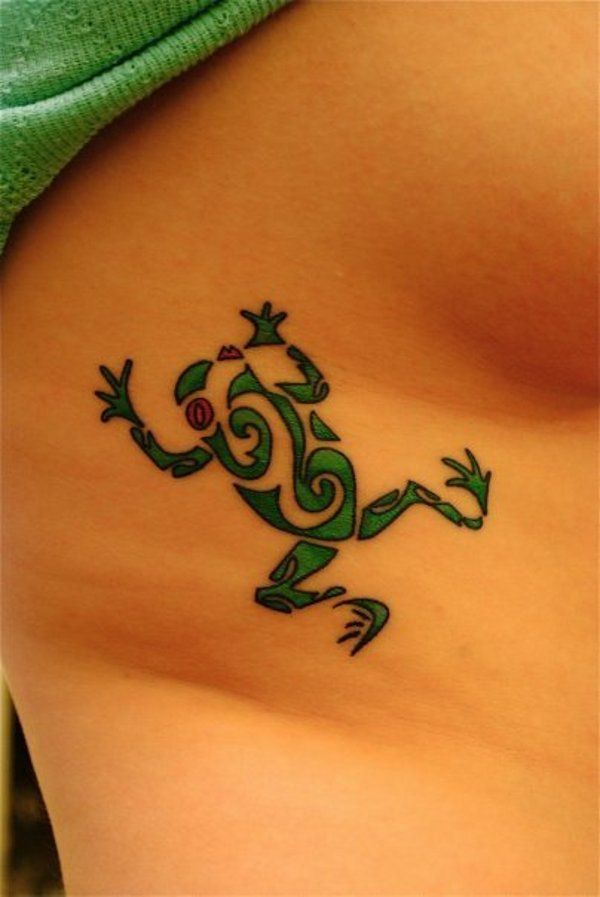 Green Tribal Frog Tattoo On Side Rib