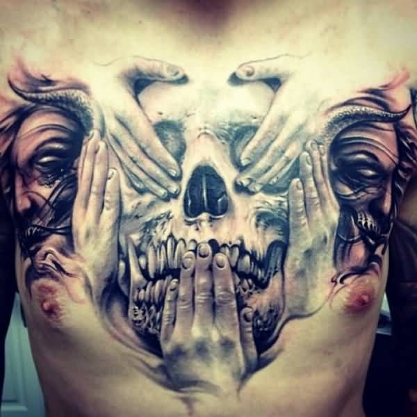 Grey 3D Skull Tattoo On Man Chest