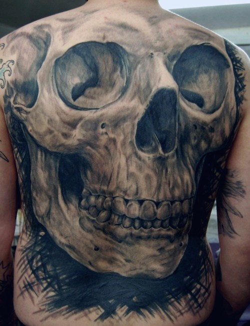 Grey And Black 3D Skull Tattoo On Man Full Back