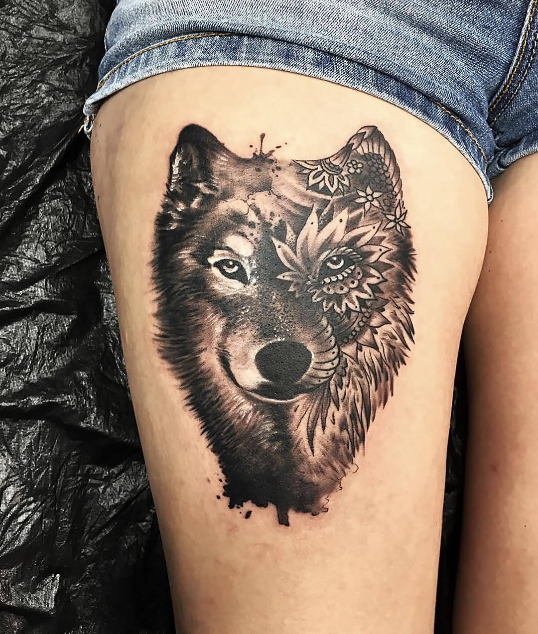 Grey And Black Mandala Wolf Tattoo Idea