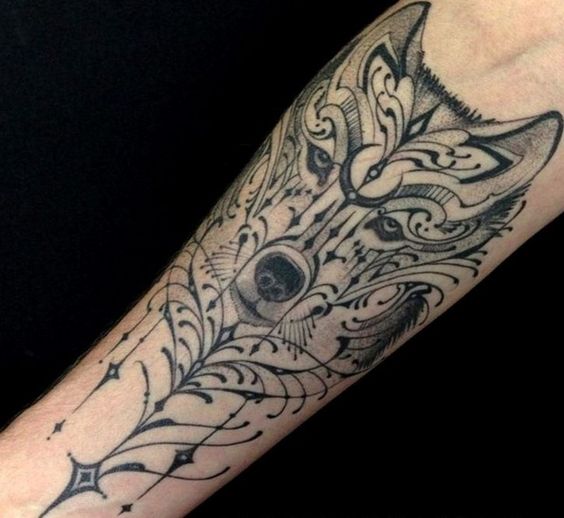 Grey And Black Mandala Wolf Tattoo On Forearm