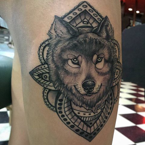 Grey And Black Mandala Wolf Tattoo On Leg