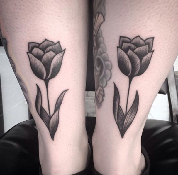 Grey And Black Tulip Tattoos On Leg Calf