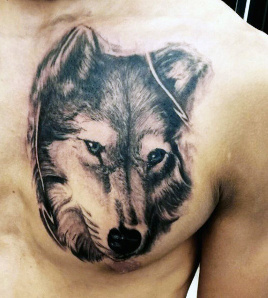 Grey And Black Wolf Head Tattoo On Chest