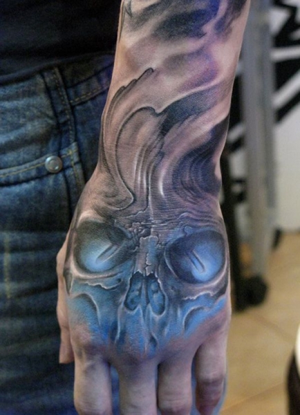 Grey And Blue 3D Skull Tattoo On Left Hand For Men