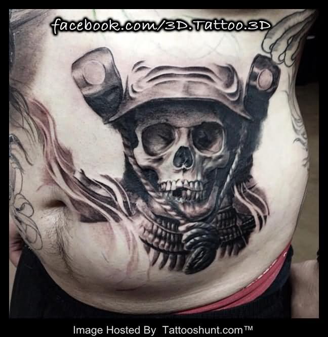 Grey Ink 3D Skull Tattoo On Man Side Belly