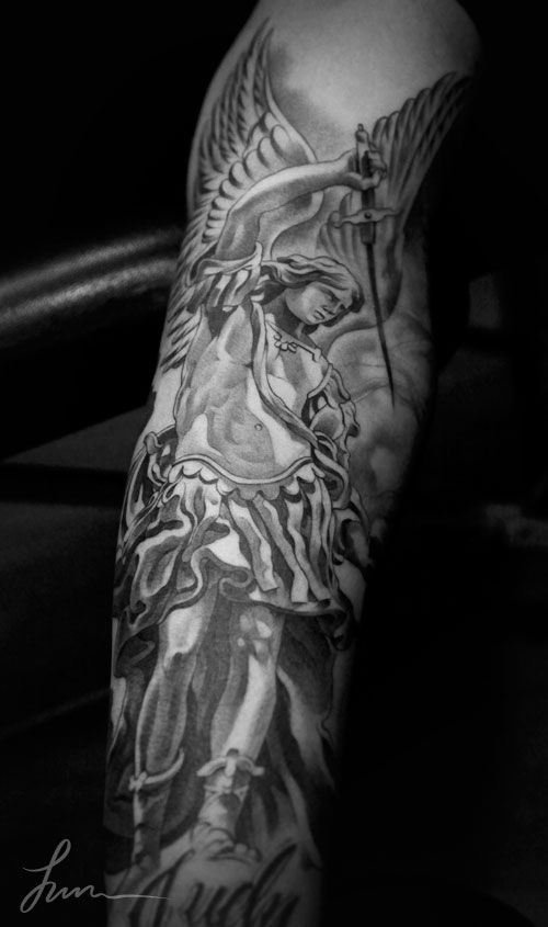 Grey Ink Archangel Michael Tattoo Design For Sleeve