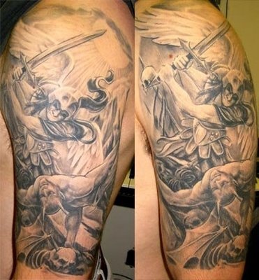 Grey Ink Archangel Michael Tattoo On Man Left Half Sleeve