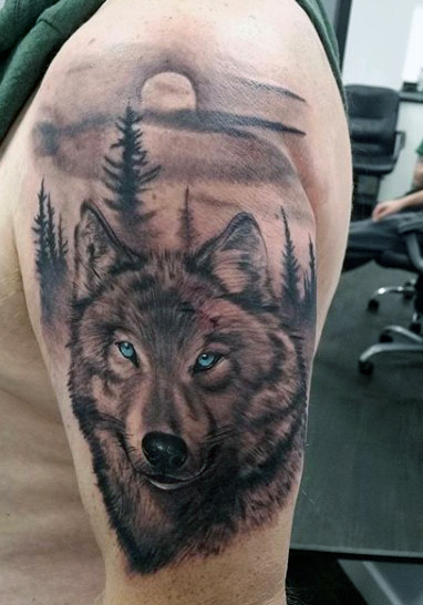 Grey Ink Blue Eyes Wolf Head Tattoo On Bicep
