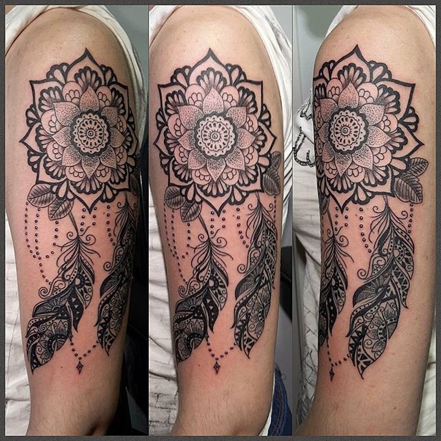 Grey Ink Mandala Flower Tattoo On Left Half Sleeve