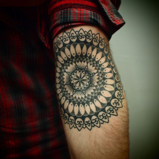 Grey Ink Mandala Tattoo On Arm Sleeve