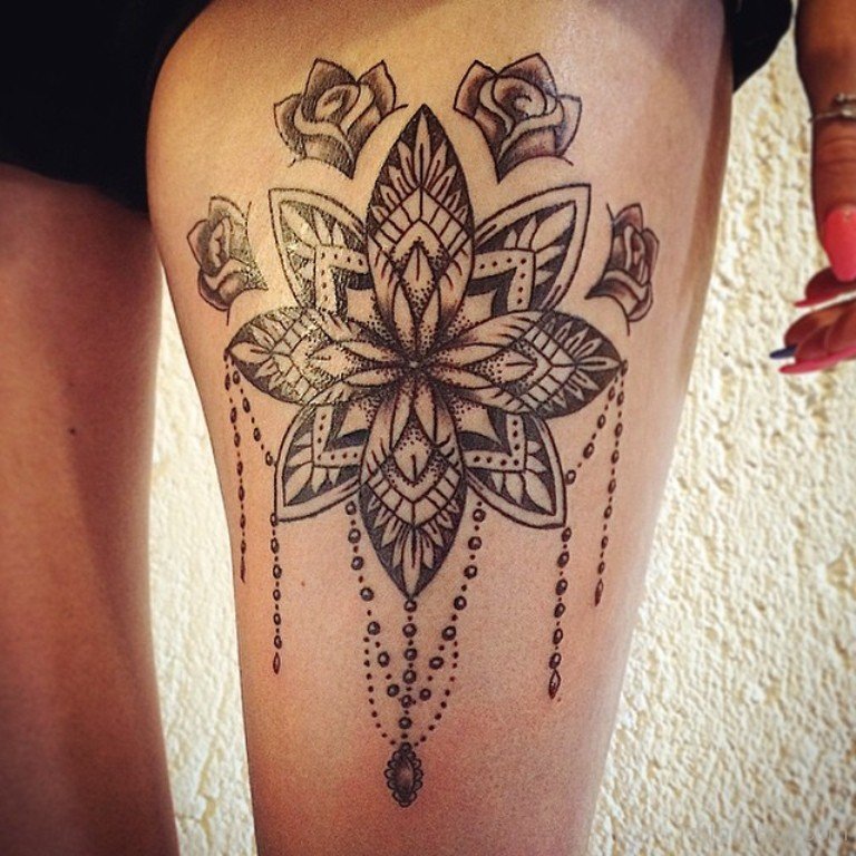 Grey Ink Mandala Tattoo On Left Thigh