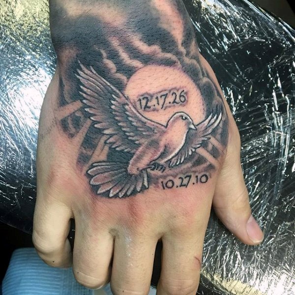Grey Ink Memorial Tattoo On Right Hand