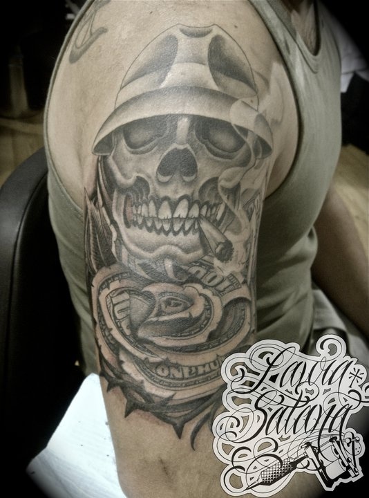 Grey Ink Smoking Skull With Rose Tattoo On Right Half Sleeve