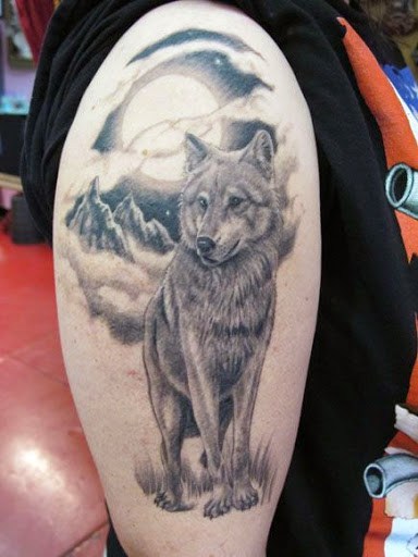 Grey Ink Wolf Tattoo On Right Half Sleeve