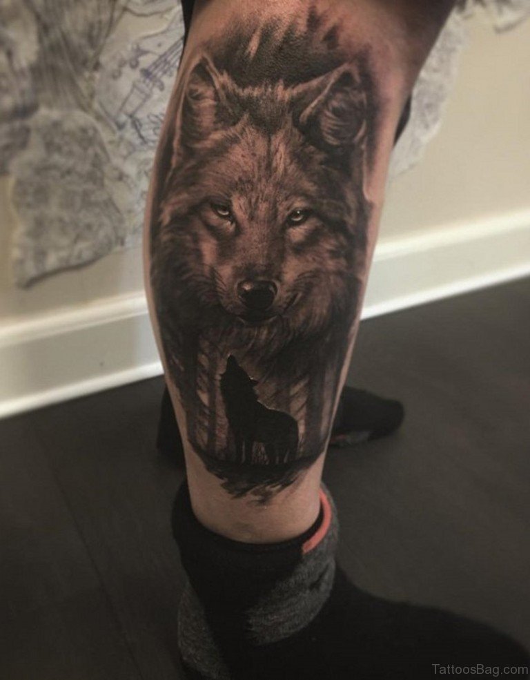 Grey Ink Wolf Tattoos On Side Leg