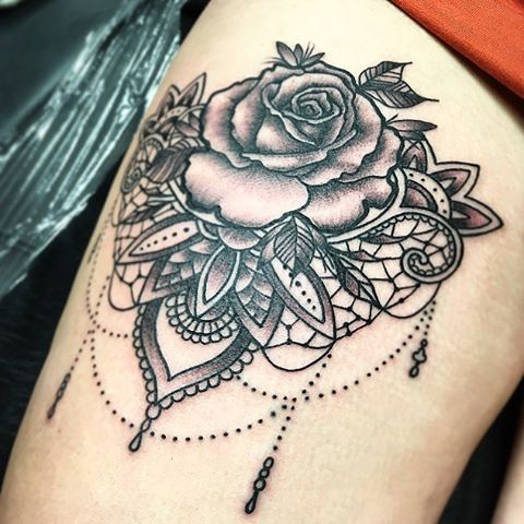 Grey Rose And Mandala Tattoo On Arm