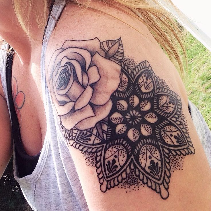 Grey Rose And Mandala Tattoo On Girl Left Shoulder
