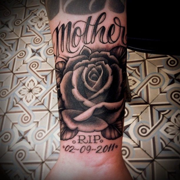 Grey Rose Rip Memorial Tattoo On Forearm