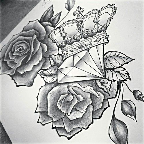 Grey Roses And Crown Diamond Tattoo Design