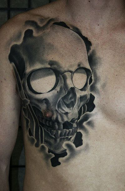 Grey and Black 3D Skull Tattoo On Man Chest