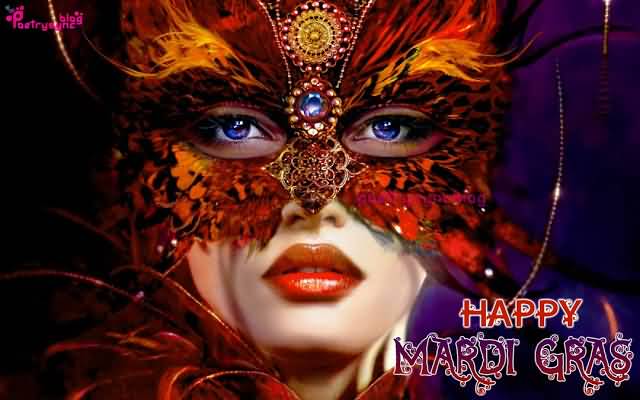 Happy Mardi Gras Girl Wearing Feathered Eye Mask