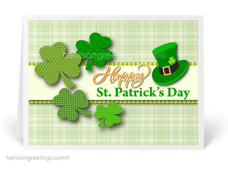 Happy Saint Patrick’s Day Clover Leaffs And Hat Greeting Card