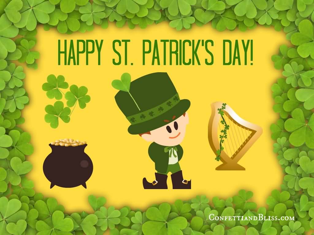 Happy Saint Patrick's Day Irish Boy With Pot Of Gold Coins And Harp Greeting Card
