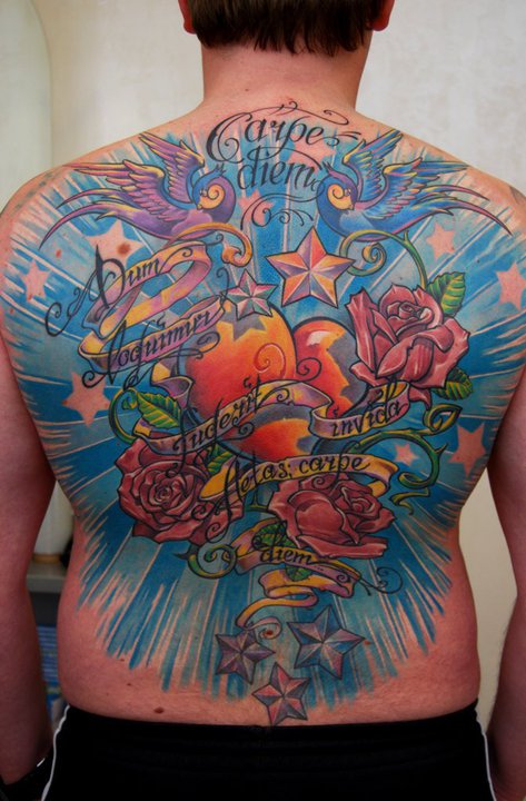 Heart With Roses And Banner Tattoo On Man Full Back
