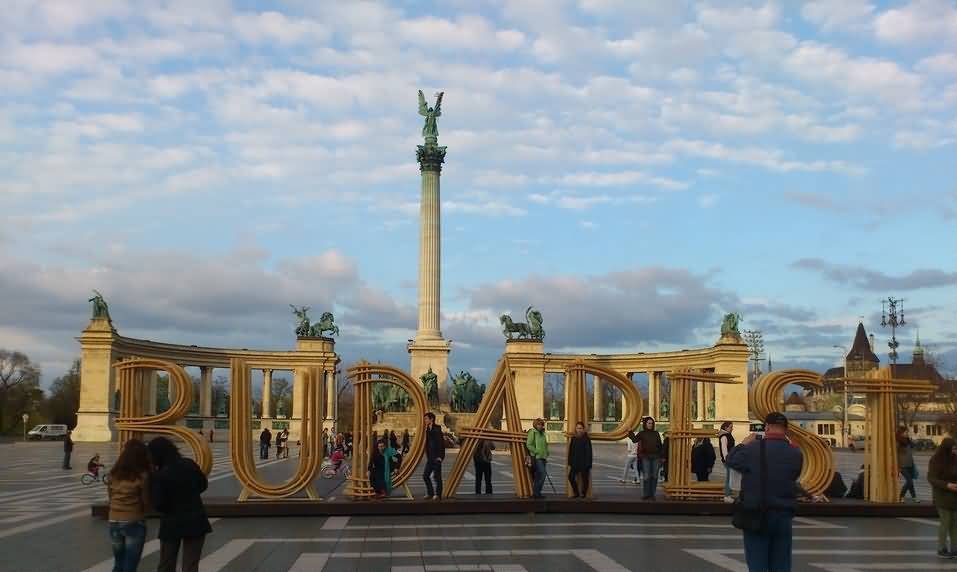 Heroes Square With Budapest Text