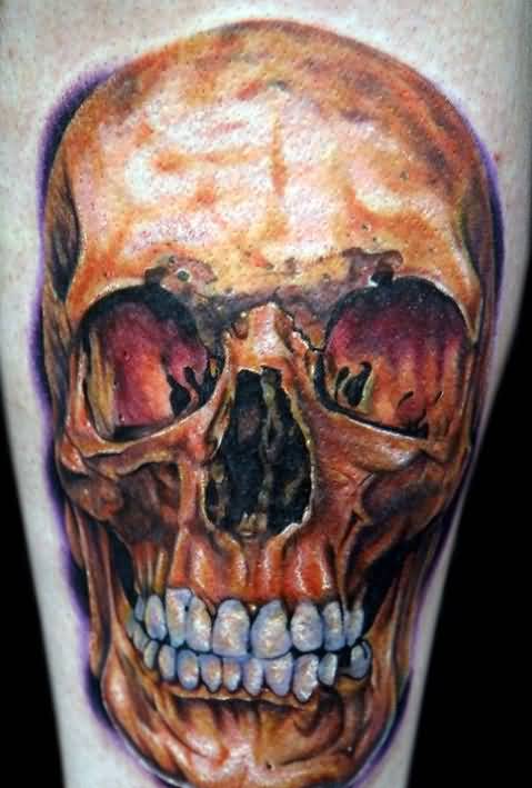Horrible 3D Skull Tattoo On Side Leg