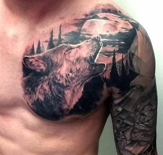 Howling Wolf Head Tattoo On Man Chest