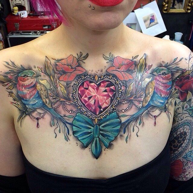 Hummingbird And Diamond Tattoo On Girl Chest