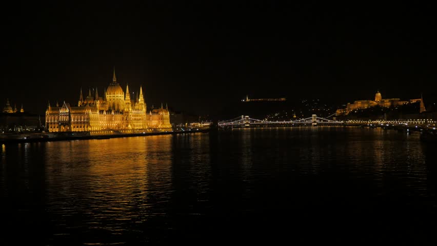 Hungarian Parliament Building And Chain Bridge Lit Up At Night