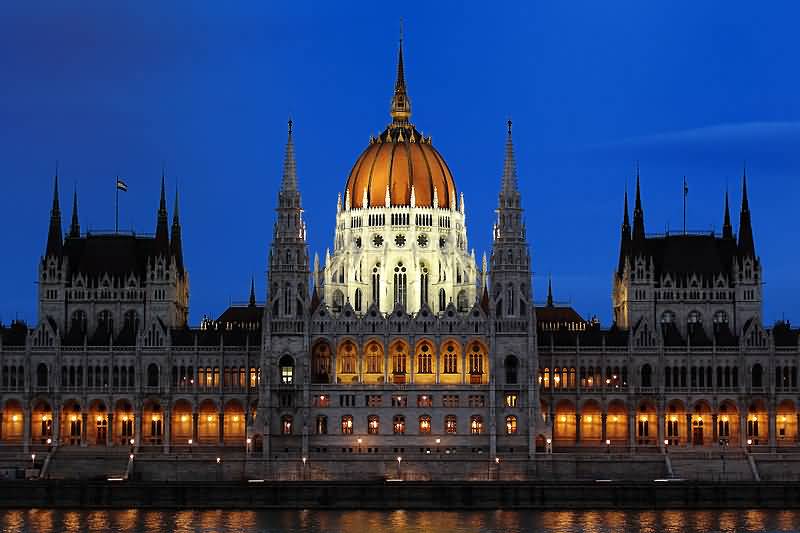 Hungarian Parliament Building Front View At Dusk